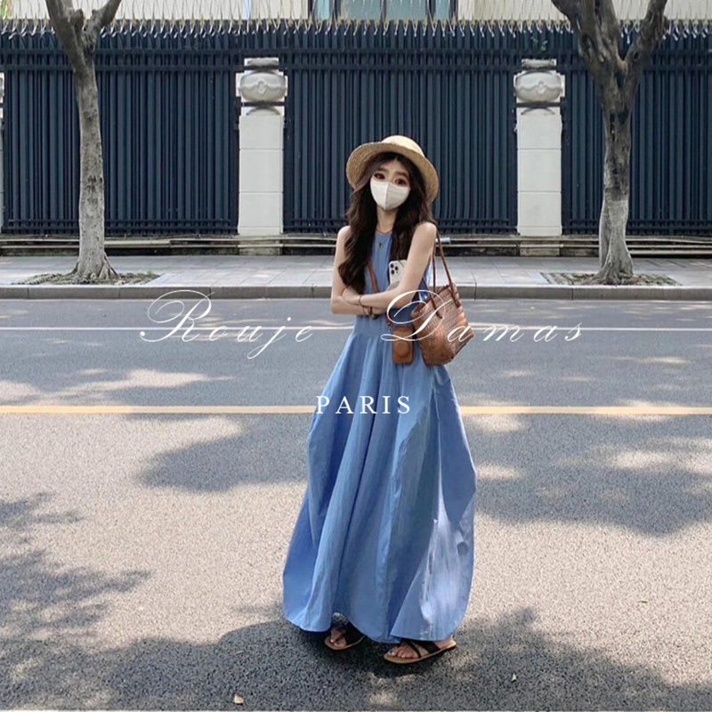 Rouje Damas High-End Blue Sleeveless Vest Dress for Women, Summer Loose Round Neck Pocket Elegant Long Dress