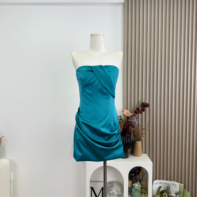 Summer of Foam Blue Satin Strapless Dress for Women, Spring and Summer Elegant Pure Desire Waist-Cinching Dress