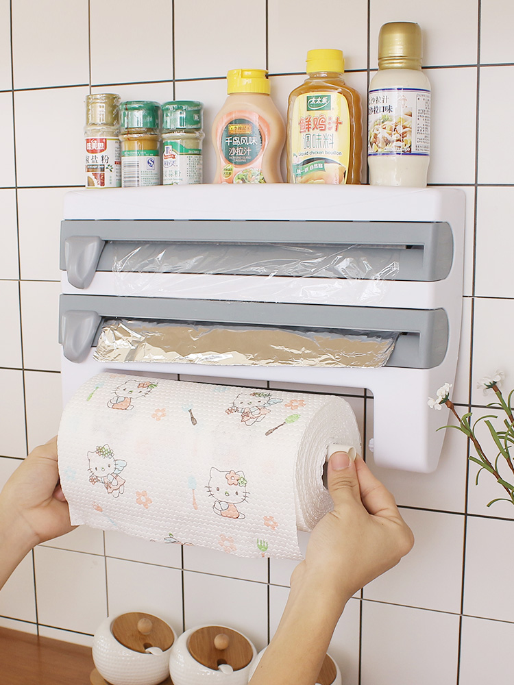 Kitchen paper towel rack Roll toilet paper rack Punch-free creative refrigerator side hanger Cling film storage layer shelf Kitchen paper towel rack