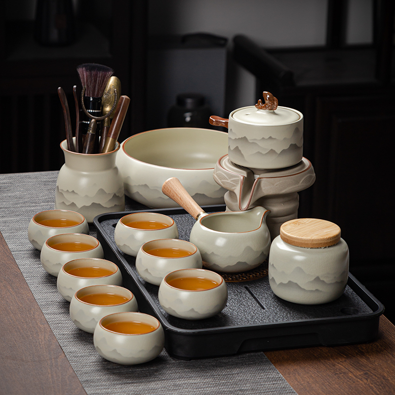 Beige Ru Kiln Automatic Tea Set, Light Luxury New Model, Home Use Lazy Tea Brewing Tool, Stone Grinding Kung Fu Tea Brewing Tea Cup