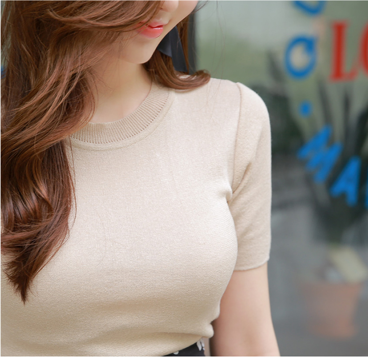 Mùa thu Slim Tay áo ngắn dệt kim Đầu của phụ nữ Mùa hè Băng lụa Áo sơ mi lụa nửa mỏng Tay áo cổ tròn Áo thun nữ áo khoác len cardigan