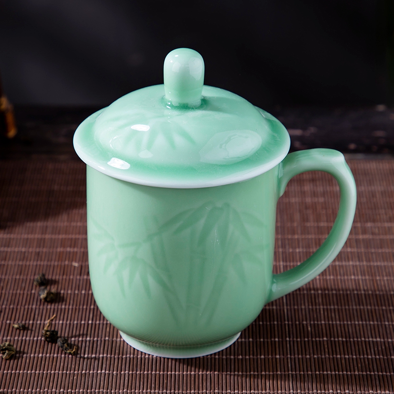 Jingdezhen longquan celadon ceramic cups with cover small household porcelain cup office single CPU personal cup