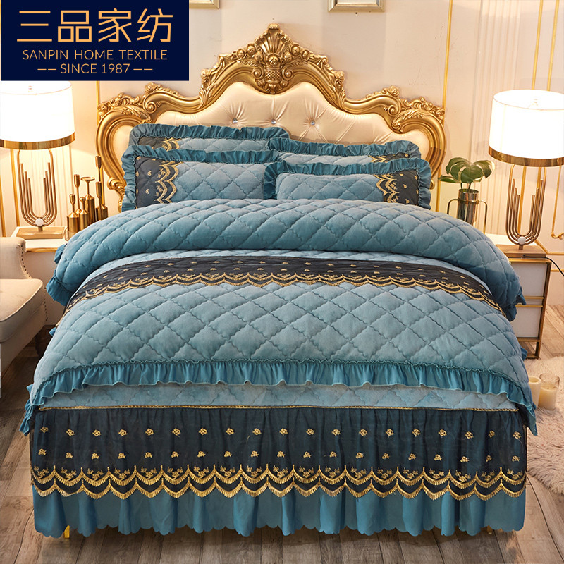 European-style thickening lace Falevelt Bed Skirt Four Pieces Closed Cotton Warm Coral Velvet Bed Cover