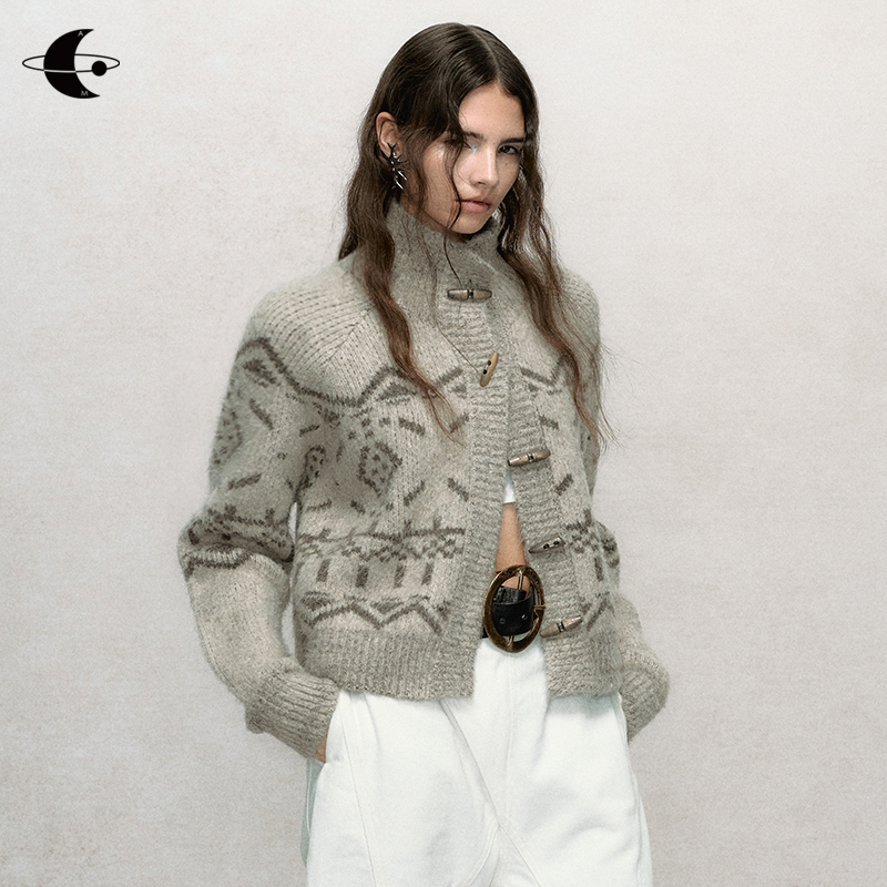 [Same Style as Zhang Jingyi] Geometric Melody Fair Isle Sweater Lazy Knit Cardigan for Women Petite Coat