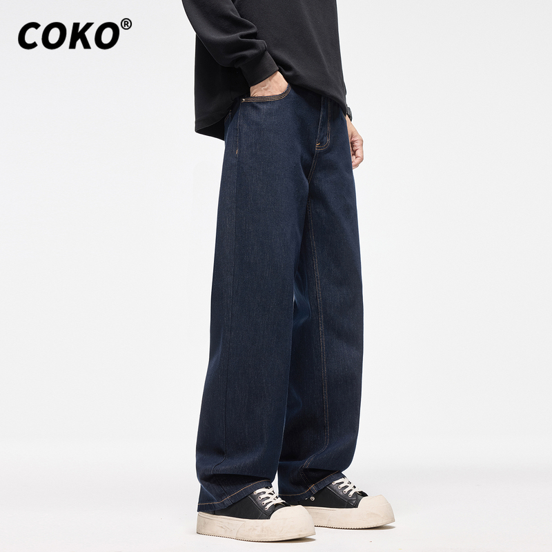 Coko High-Quality Four-Way Stretch Straight-Leg Jeans for Men, Loose Fit, Large Size, Autumn Vintage Dark Blue Versatile Long Pants