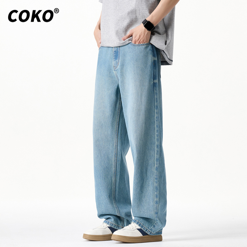 Coko Spring New Men's Jeans Loose Straight American High Street Retro Blue Washed Lyocell Casual Pants