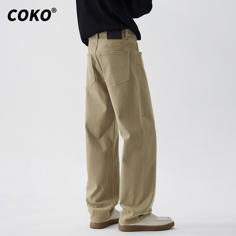 Coko【380G Heavy Stretch】Khaki Casual Jeans for Men, Loose Straight-Leg, Versatile Long Pants for Autumn