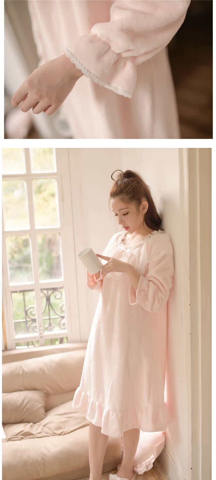 Đồ ngủ nữ mùa đông dày san hô lông cừu ngọt ngào cô gái váy ngủ ren dễ thương tòa án mùa đông váy ngủ ấm áp nữ đầm nhung đẹp