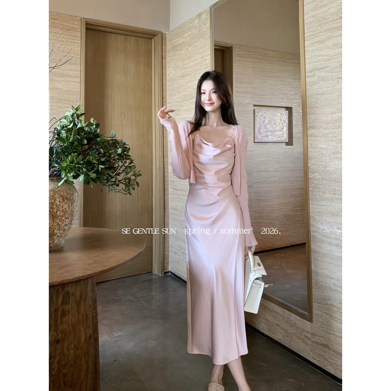 Se Gentle Sun2026 Spring/Summer Elegant Draped Collar Lace Patchwork Satin Strap Dress