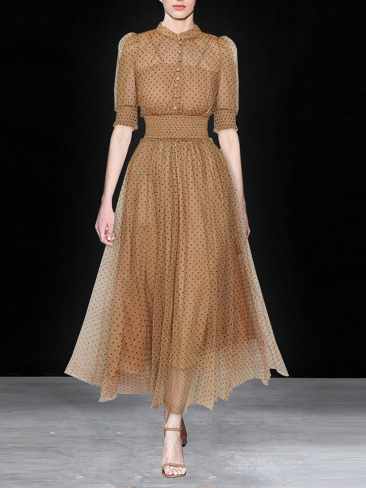 Fatal Attraction bubble short-sleeved see-through mesh elastic waist polka dot big swing princess dress