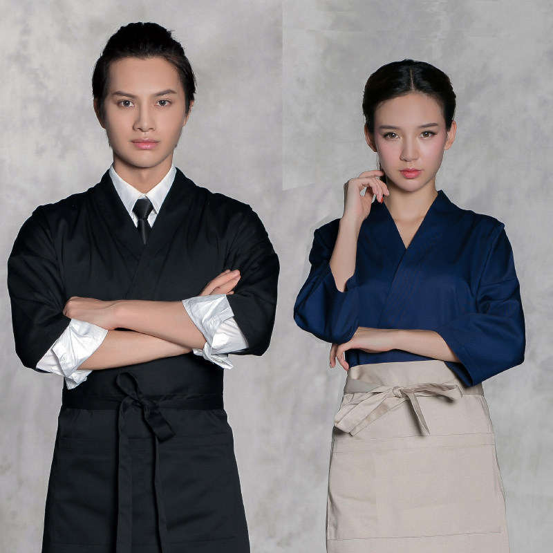 Restaurant sushi restaurant chef work clothes 7-point sleeve four season sauce high-end exquisite Kimono Black and White 2-color top