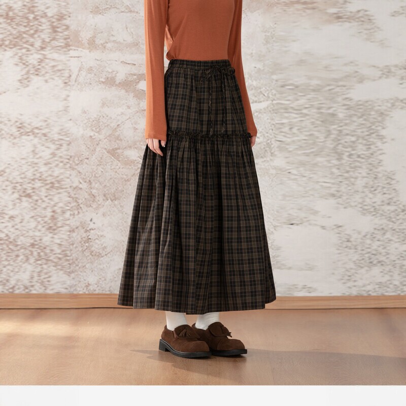Autumn Pocket Retro Plaid Midi Skirt Women's Autumn and Winter Long Plaid Black Skirt A-line Skirt