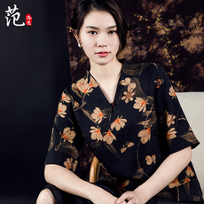 Одежда для дам 【母亲节特惠】重磅真丝莨绸香云纱衬衣中式杭州丝绸桑蚕丝上衣