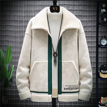 Lamb wool jacket mens jacket autumn and winter Korean version of the trend handsome plus velvet padded autumn mens clothing