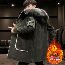 Cotton clothes men long winter Korean trend wool collar cotton suit men plus velvet thick warm cotton padded jacket winter coat