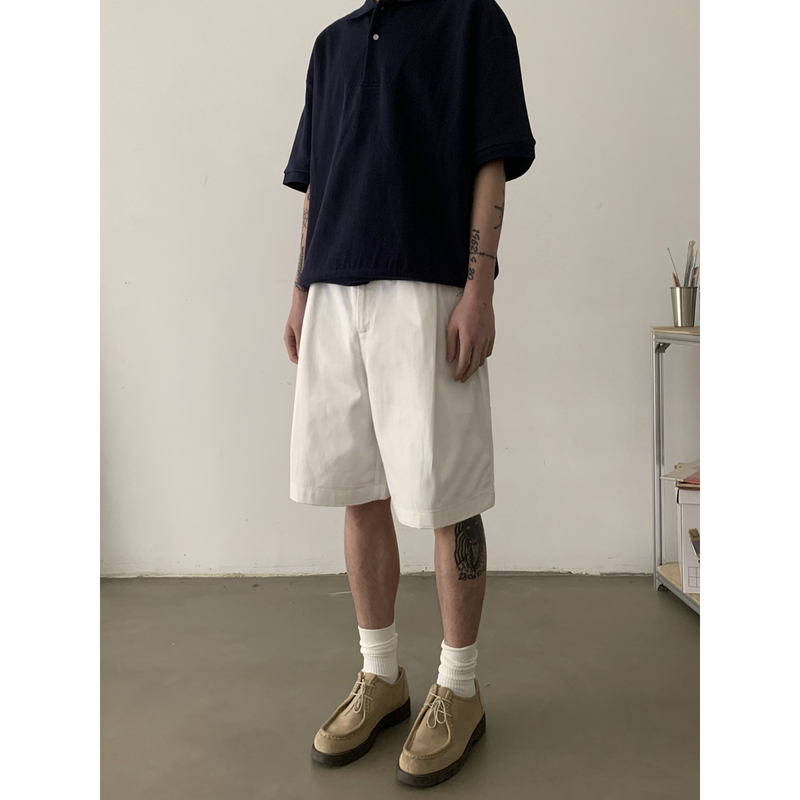Inknots American Retro Simple High-End Double-Pleated Casual Shorts Unisex Commuter Old Money Style Loose Five-Point Shorts