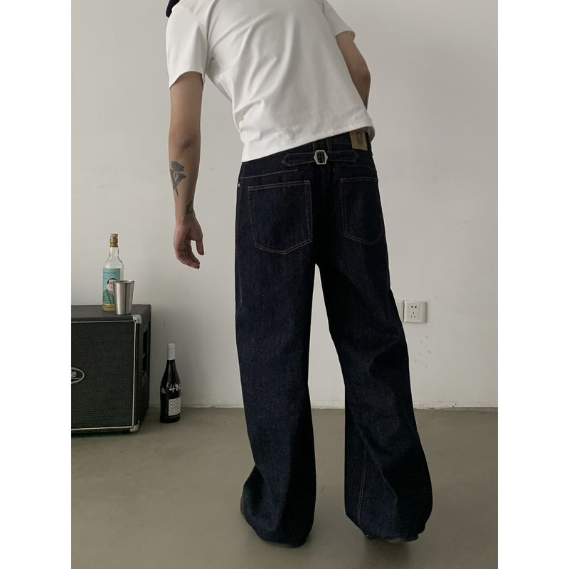 Inknots Retro Paris Buckle Straight-Leg Raw Denim Jeans Unisex Trendy Brand Cleanfit Loose Long Pants