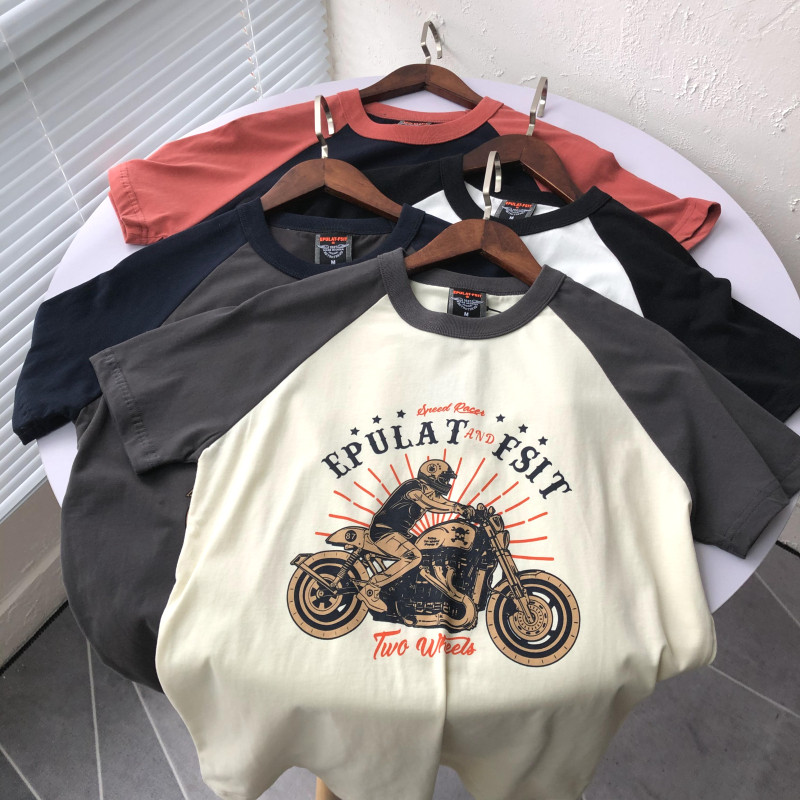 Washed fabric Ami khaki American style ~ casual color contrast stitching raglan sleeves round neck cotton short-sleeved T-shirt men's sweatshirt