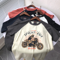 Washed fabric Ami khaki American style ~ casual color contrast stitching raglan sleeves round neck cotton short-sleeved T-shirt mens sweatshirt