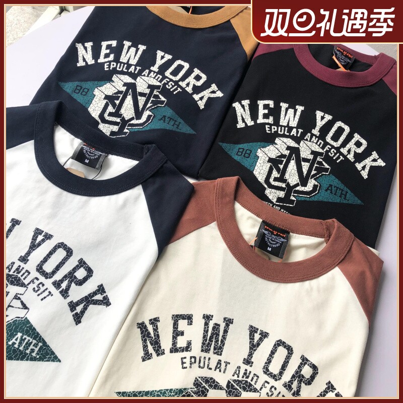 Foreign trade tail single retro printed cotton raglan sleeves short-sleeved sweatshirt men's comfortable casual loose American stitching T-shirt