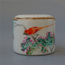 Incense=mushroom light purple color flower and bird cylinder porcelain Literati porcelain art collection