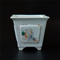 Embroidery = Pavilion Qing Dynasty light crimson famous landscape figure calamus pot square flowerpot literati porcelain ceramic artwork