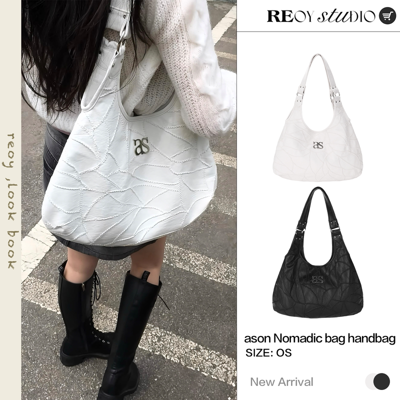 Reoy Stu Korean Version Ason Letter Sweet Cool Cracked Embroidery Large Capacity Motorcycle Bag Tote Shoulder Handbag