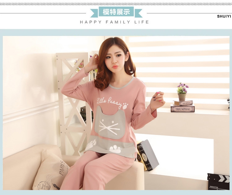 Đồ ngủ mùa hè nữ mùa xuân và mùa thu cotton dài tay mỏng Phần Hàn Quốc giản dị cotton lỏng hoạt hình nhà dịch vụ phù hợp với kích thước lớn phù hợp pijama nam