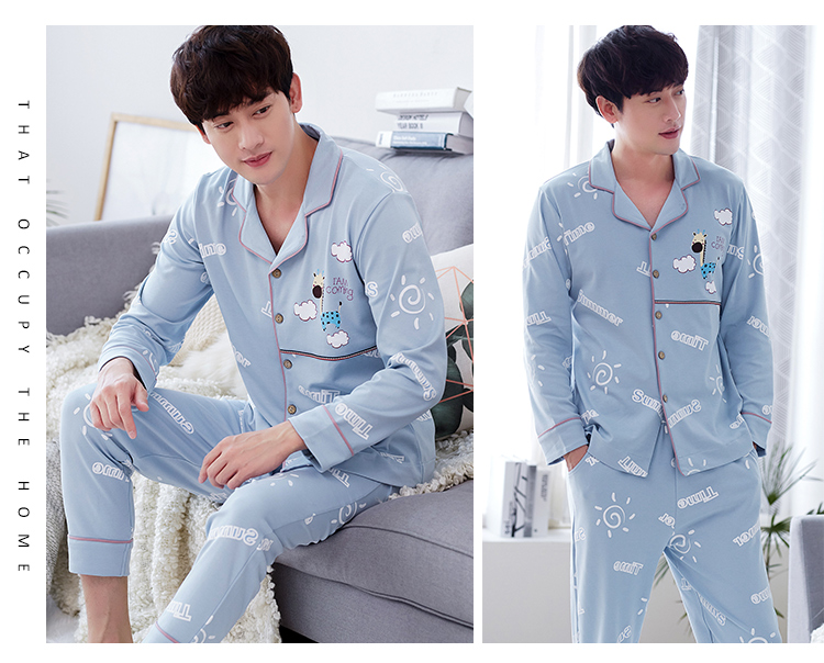 Phiên bản Hàn Quốc của bộ đồ ngủ dài trẻ trung cotton kích thước lớn, đồ ngủ nam có thể mặc ve áo phù hợp với mùa xuân và mùa thu đồ lót nam đẹp