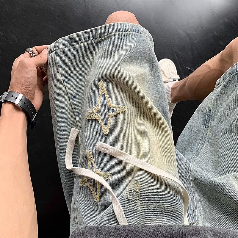 Men's Denim Shorts, Summer American Retro High Street Style, Trendy Brand, Washed Design, Loose Wide-Leg Versatile Mid-Length Shorts