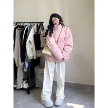 Pink suede cotton coat for women autumn and winter new trendy brand loose plus velvet thickened bread coat warm cotton coat