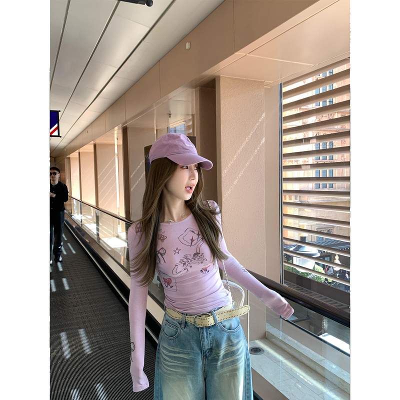 Sexy Slim-Fit Purple Long-Sleeve Base T-Shirt for Women, 2026 Spring/Summer New Style, Travel Photo Shoot Sun Protection Cover-Up, Trendy