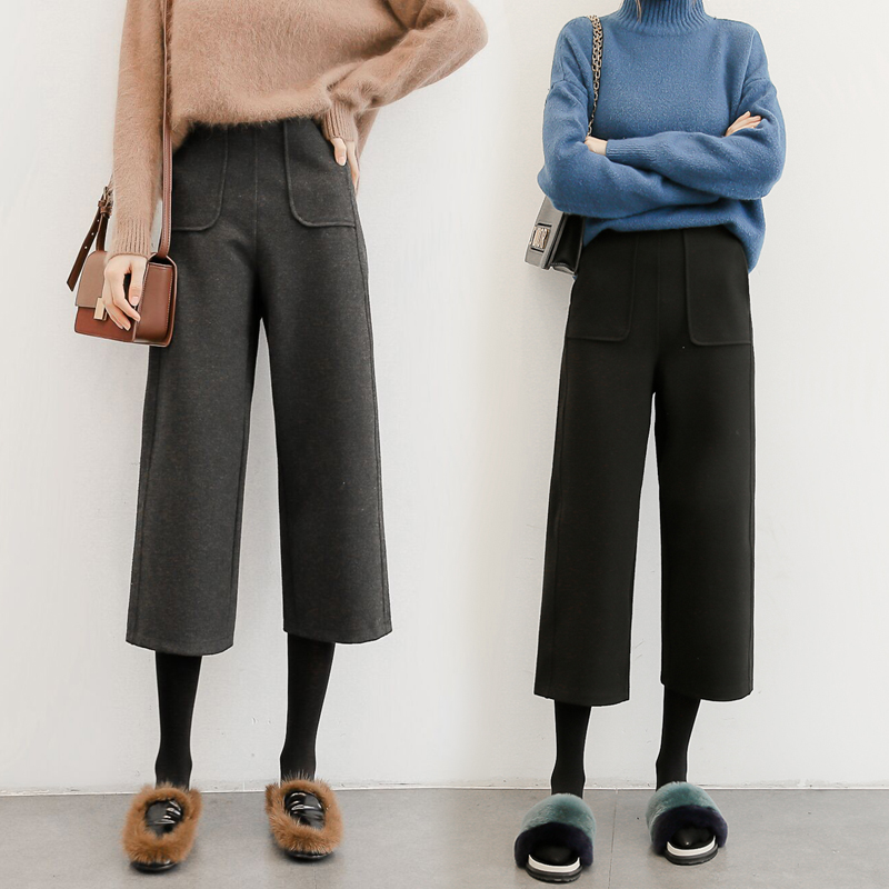 女性用ウールワイドパンツ、秋冬用8点パンツ150、背が低い方向け、ハイウエスト、ゆったりスリムストレートクロップドパンツ145