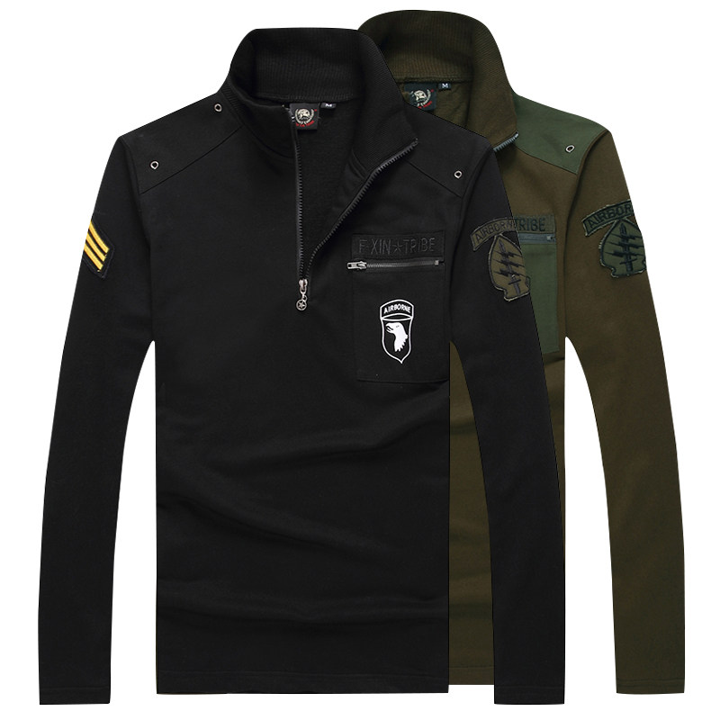 Spring and autumn outdoor sports leisure long-sleeved men's cotton stand-up collar loose top Army fan training tactical T-shirt