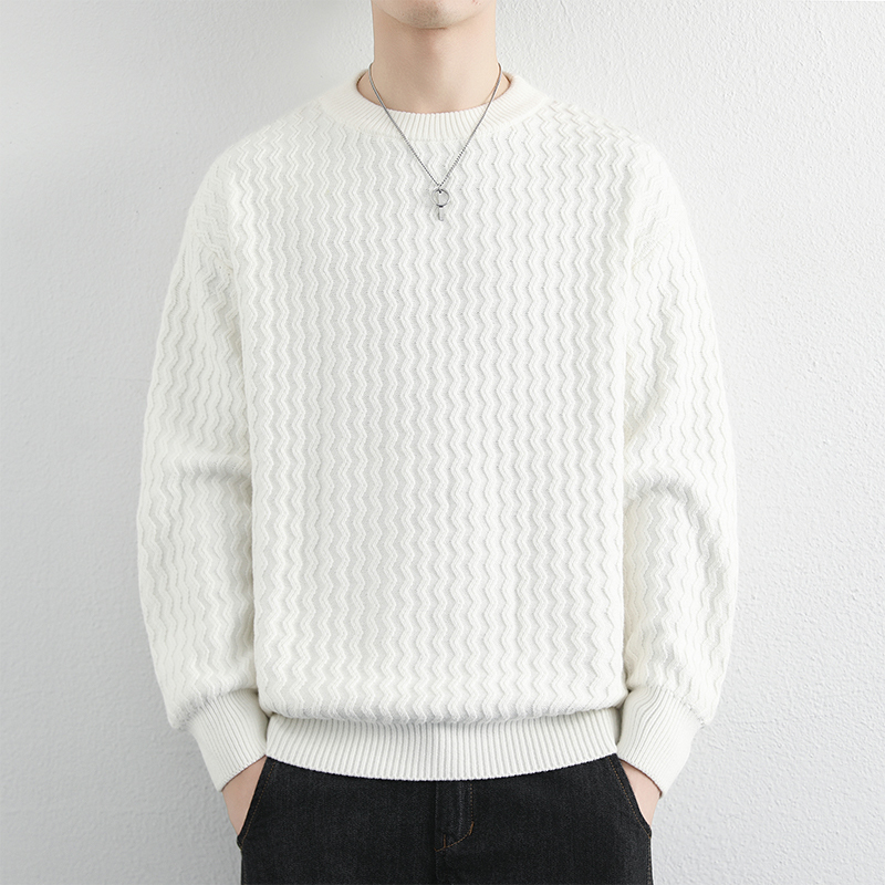 Pure Cotton Round Neck Thickened White Sweater Men's Autumn and Winter Water Ripple Warm Knitwear British Style Pullover Sweater Pure Cotton Round Neck Thickened White Sweater Men's Autumn and Winter Water Ripple Warm Knitwear British Style Pullover Sweater