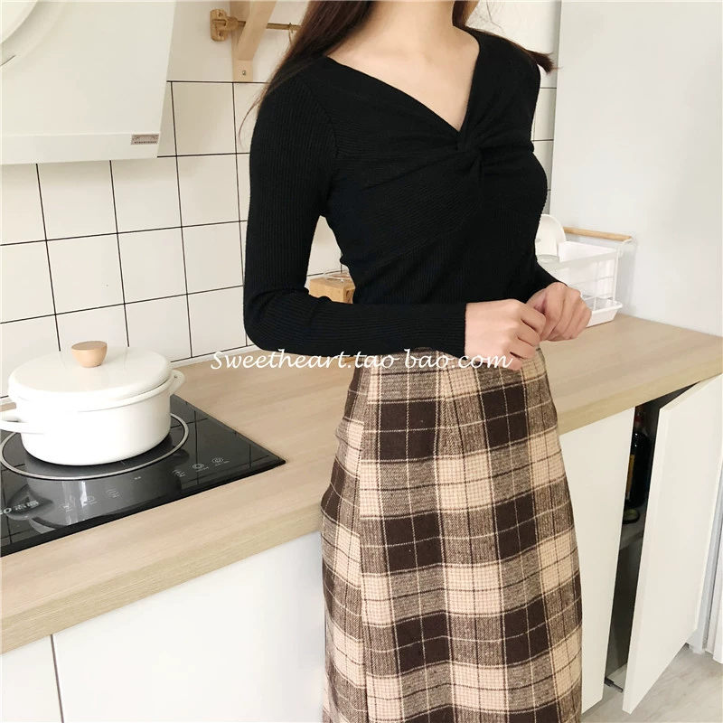[Sweetlove] Váy len kẻ sọc eo cao phong cách retro