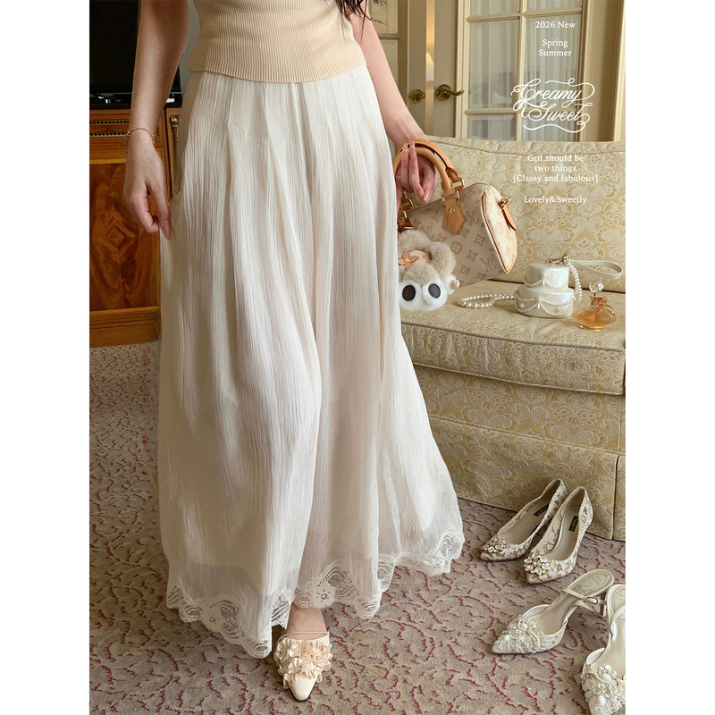 Creamysweet Lazy Flowing Pants Lace Patchwork Hollow Out Trim Relaxed Draped Casual Long Pants for Women