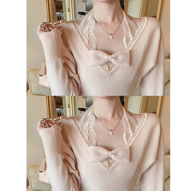Creamysweet Peach Series Private Collection Original 100% Wool Bow Slim Fit Sweater Pink Knit Top