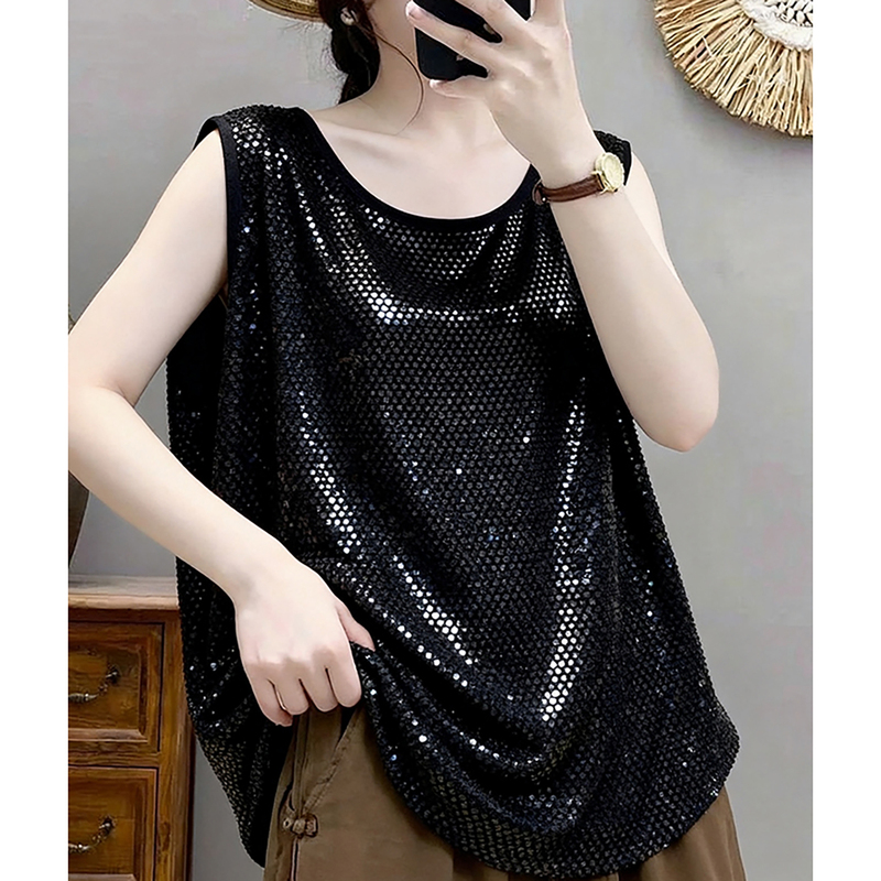 Black Inner Vest for Women, Summer Outerwear, High-End Fashionable Sleeveless Base Shirt, Unique and Beautiful Sequined Top