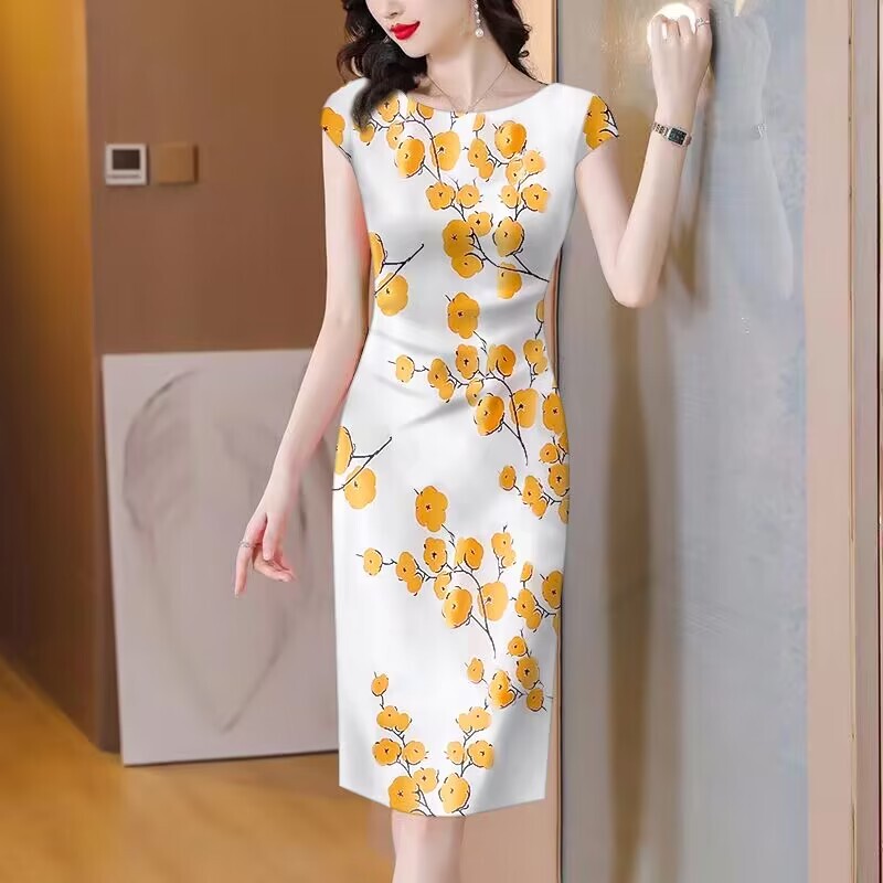 Mid-Length Modified Cheongsam Dress for Women, New Summer Style, Stylish Printed Base Layer, Waist-Cinching Long Dress