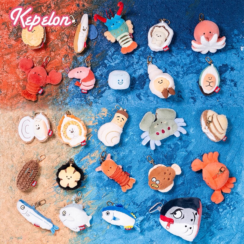 Kepelon Fresh Seafood Keychain with Lobster, Crab, Oyster, Abalone, Scallop, Clam Figurines, Children's Gift