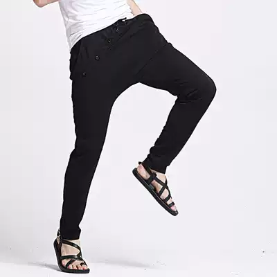 Down pants Men's cross pants Harem pants loose dark black personality trend Korean casual pants fashion straight summer thin