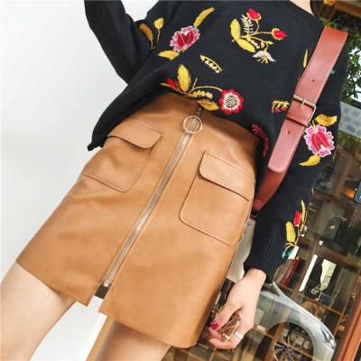Leather skirt skirt short skirt spring new high waist hip a-line skirt pu leather ring zipper small leather skirt skirt female