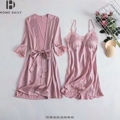 Thực lụa sexy đồ ngủ phụ nữ mùa hè mỏng lụa sling váy ngủ hai mảnh mùa xuân và mùa thu bộ với đệm ngực - Night Robe