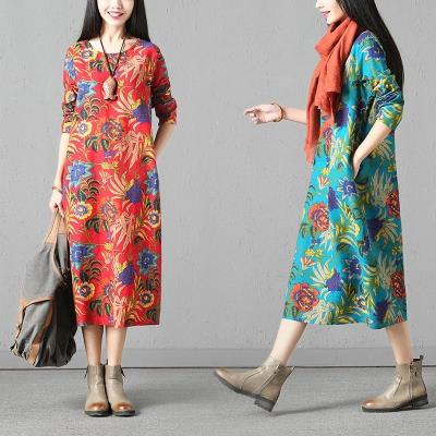 Spring Dress New National Wind Fat Mm Large Size Size Loose Cotton Linen Long Sleeve Foreign Dress Woman Retro Printed Linen Long Dress