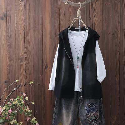 Mùa thu mới của phụ nữ áo khoác denim vest vest nữ văn học rửa lỏng kích thước lớn trùm đầu áo khoác - Áo vest