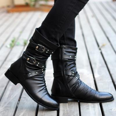 Thu đông giày cao nam thời trang giày da thời thượng phong cách hàn quốc dài cao mũi nhọn mid-top giày Martin boots da ống Anh. - Giày ống