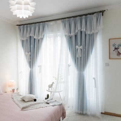 Korean-style living room and bedroom bay window double-layer integrated light-shielding healthy and environmentally friendly hollow star princess style lace curtains