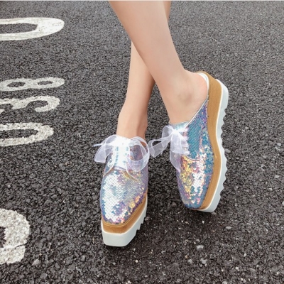 Korean version of the thick-soled platform shoes women's head British fashion Baotou back empty half slippers all-match sequins lazy drag
