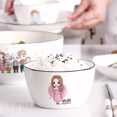 Parent-child bowl family of six cute ceramic parent-child tableware household eating bowl single student square bowl dish set